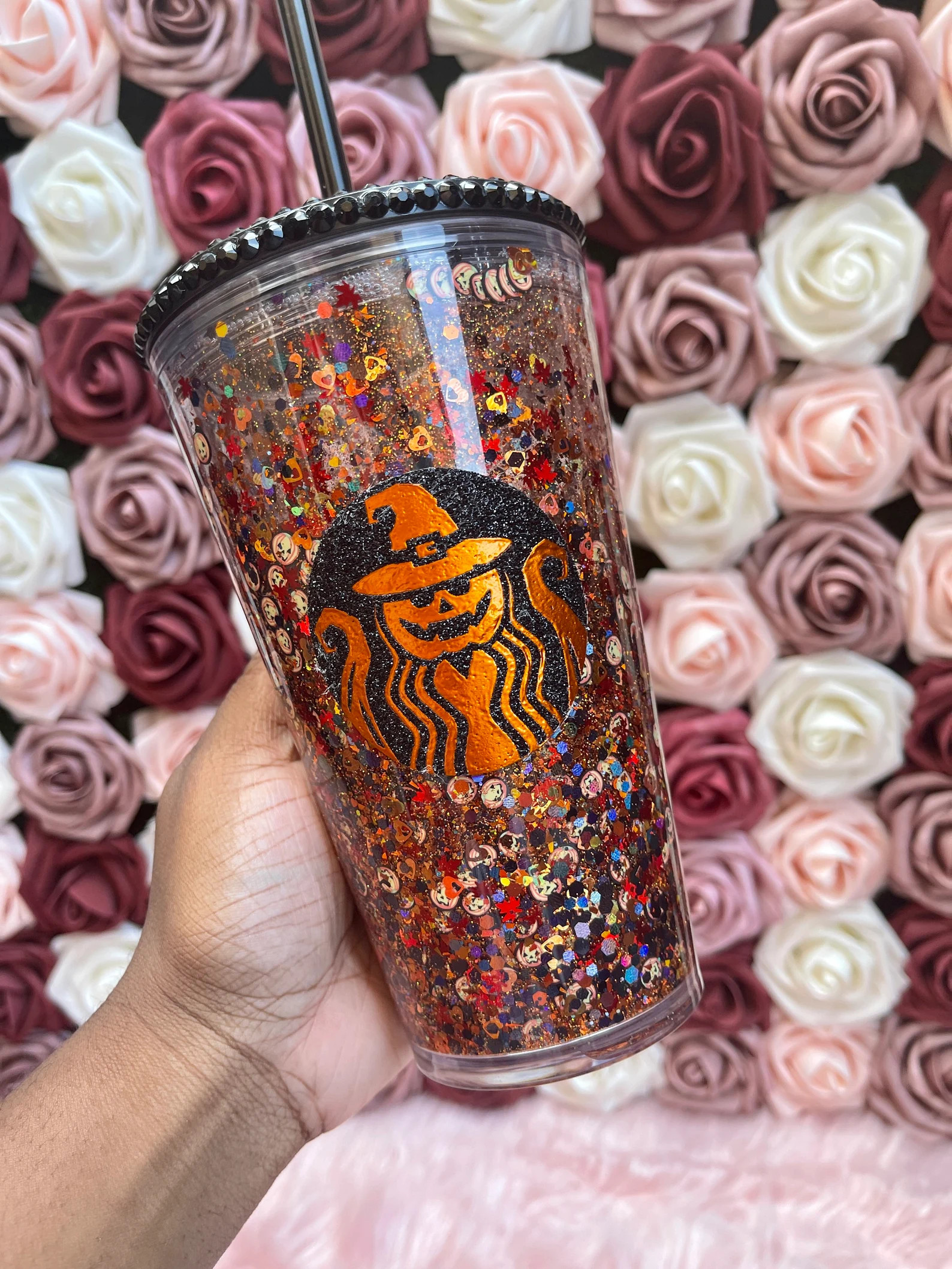 Pumpkin Orange & Black Halloween Snow Globe Tumbler|Starbucks Rhinestone Lid Tumbler | Etsy (US)