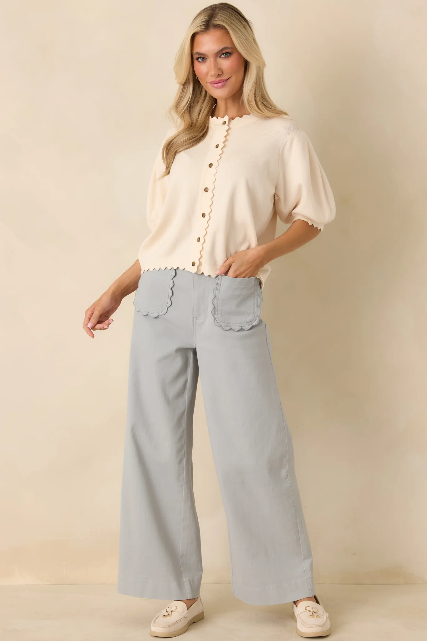 Simply So Cute Ivory Knit Scalloped Edge Puff Sleeve Button Up Cardigan | Red Dress