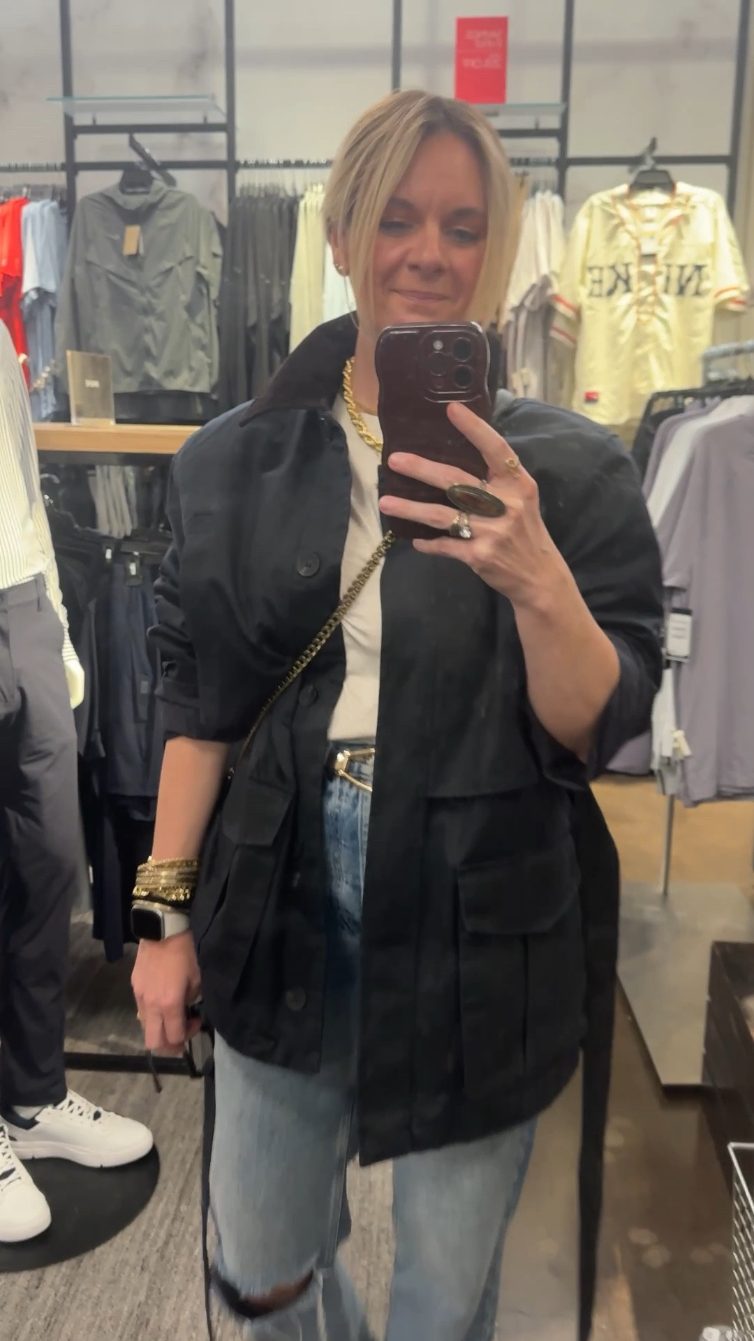 Real closet. Real OOTD. 🙌 These are all pieces I already own — I've linked the closest versions I could find because only one is still in stores. Barn coat + white tee + brown belt + straight leg denim + kitten heels. The formula works every time. Everything linked below! 🛍️ 

#LTKdayinmylife #LTKOver40 #LTKootd