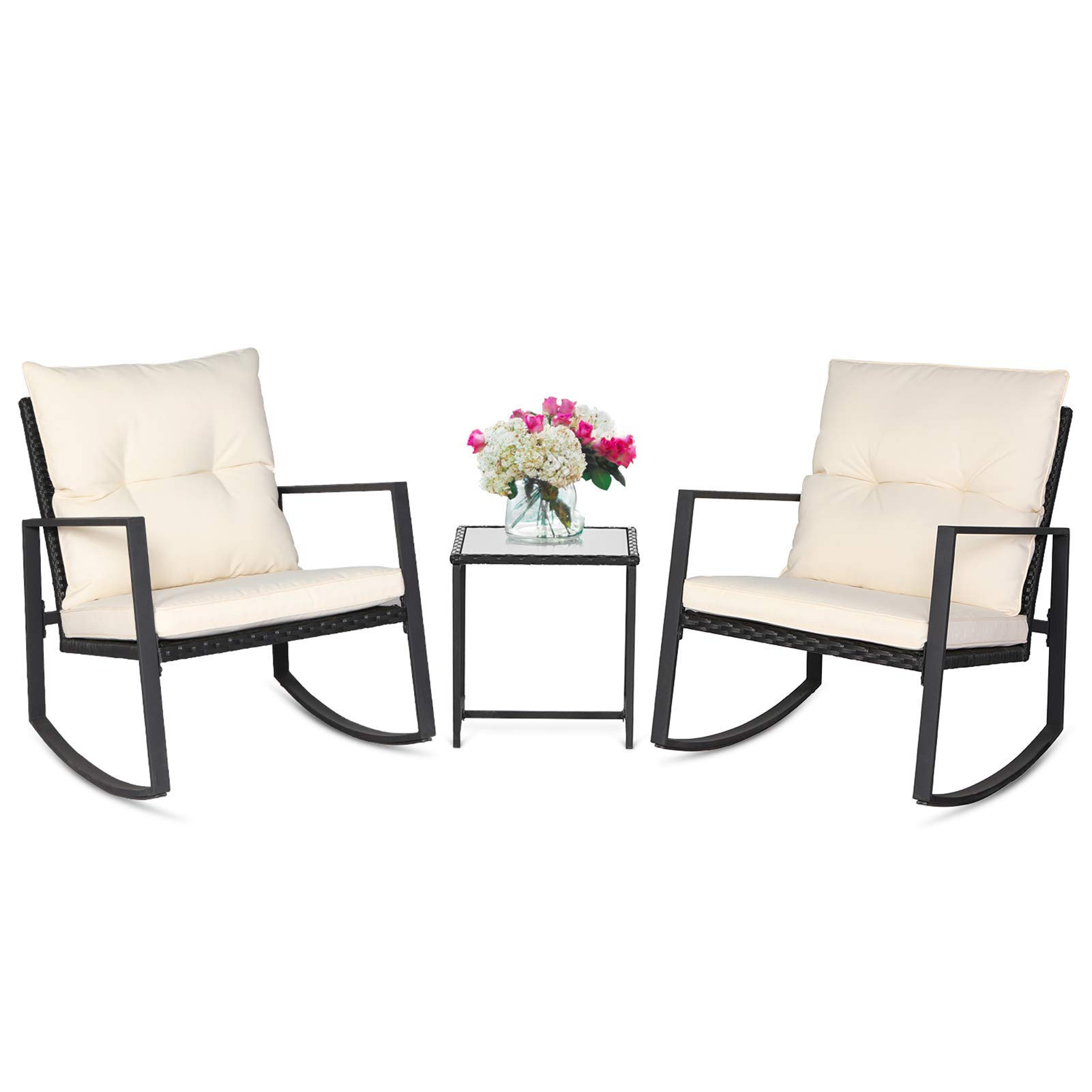 SUNCROWN 3 Piece Outdoor Rocking Bistro Set Black Wicker Furniture Porch Chairs Conversation Sets... | Amazon (US)