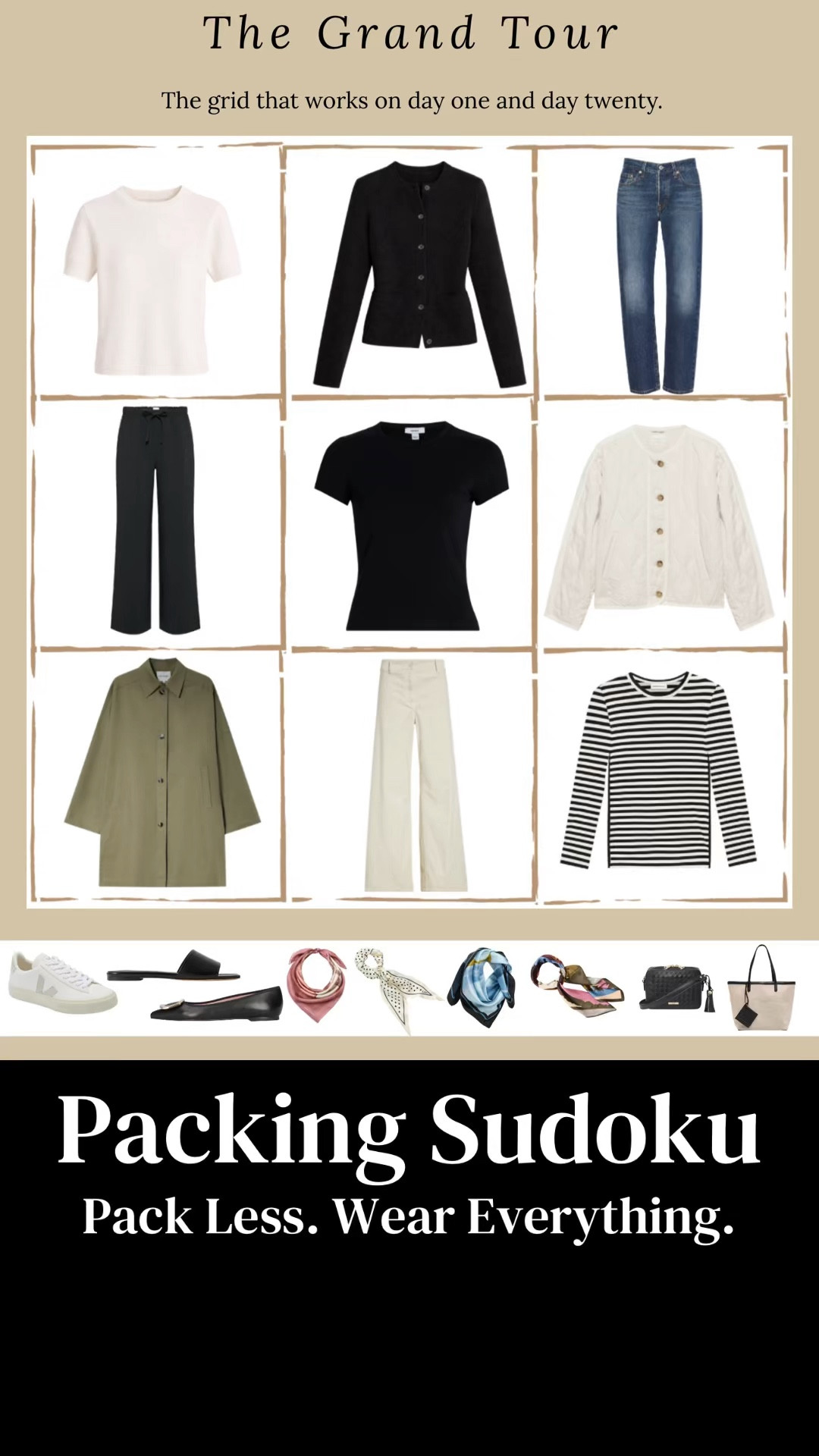 This is the Grand Tour grid for when you’re gone long enough to need your wardrobe to actually work.
Over 50 combinations, three weeks of not repacking the same thing twice.
Everything is linked here. The full system is inside the guide.​​​​​​​​​​​​​​​​