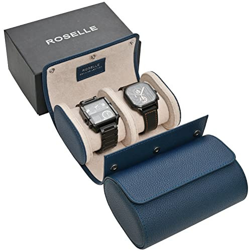 ROSELLE Genuine Leather Watch Roll Travel Case - Watch Roll Case For 2 Watches With Luxury Lining - Protect, Travel,Store, Display Fine Watches (2 slot Blue-Genuine Leather) | Amazon (US)