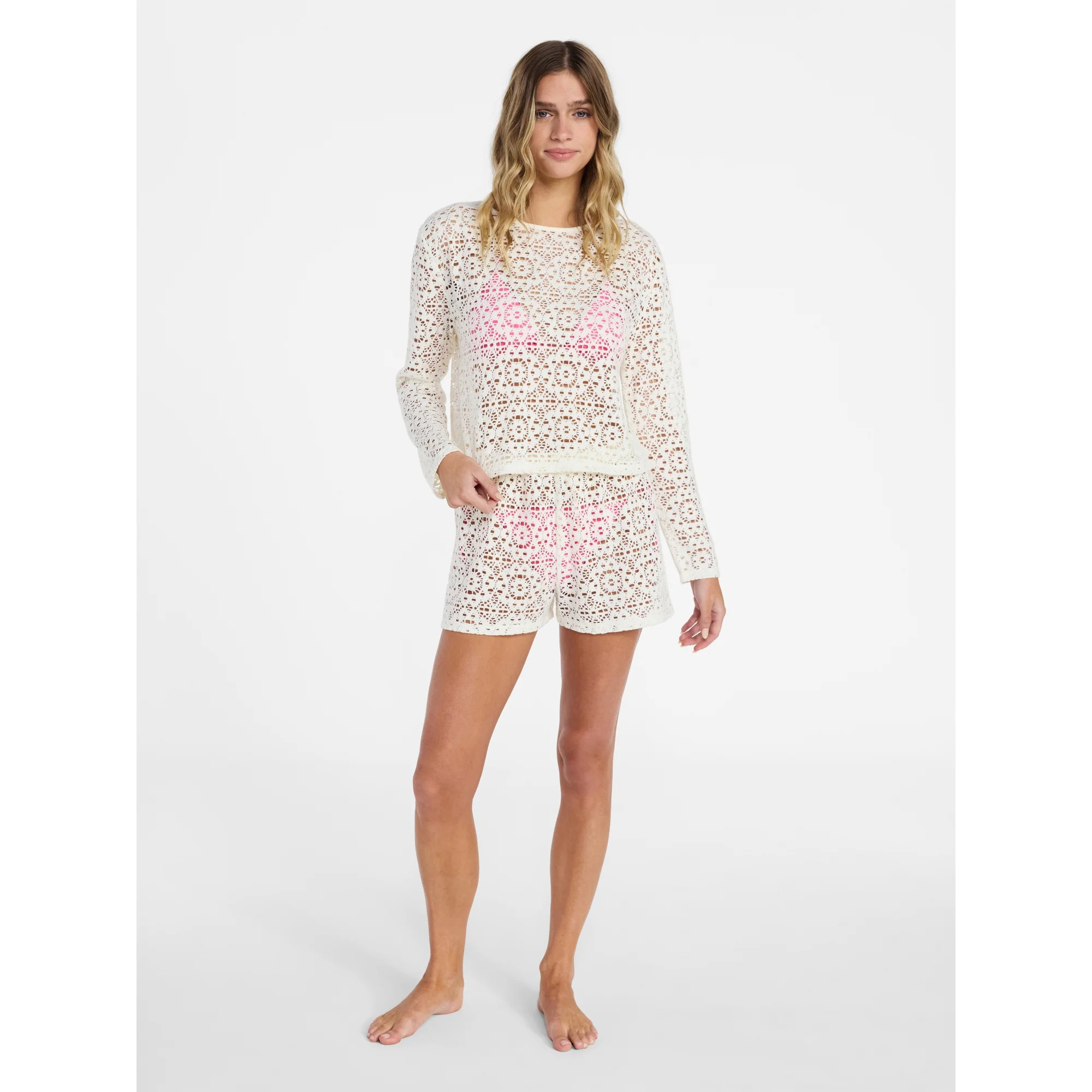 No Boundaries Crochet Coverup Top with Long Sleeves, Women's XXS-XXL | Walmart (US)