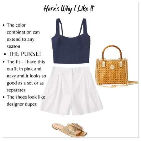 Well I just love everything about this, honestly. I have this outfit in navy and pink, and because this fit is something I absolutely don’t mind having several colors in, and because I love white shorts, it’s coming home with me.

The sandals remind me of my favorite (and most comfortable heels), which are linked below - they’re on sale.

The purse made me audibly say omg because - and I’ve said this before - I’m a sucker for cane/bamboo/raffia.

This works for date night, resort wear, warm weather vacations, errands, school pickup…I’ll try it at all occasions and report back 😂

#LTKunder100 #LTKstyletip #LTKFind