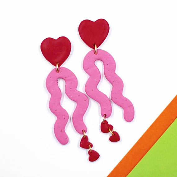 Clay Abstract Heart Statement Earrings Pink and Red | Etsy | Etsy (US)