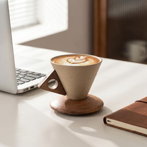 1pc 8.45oz Thick Ceramic Handmade Coffee Cup with Large Pouring Spout Funnel Shape and Wooden Handle with Real Wood Coaster for High-End Home Office Cafe Use Suitable as a Gift-Acacia | Amazon (US)