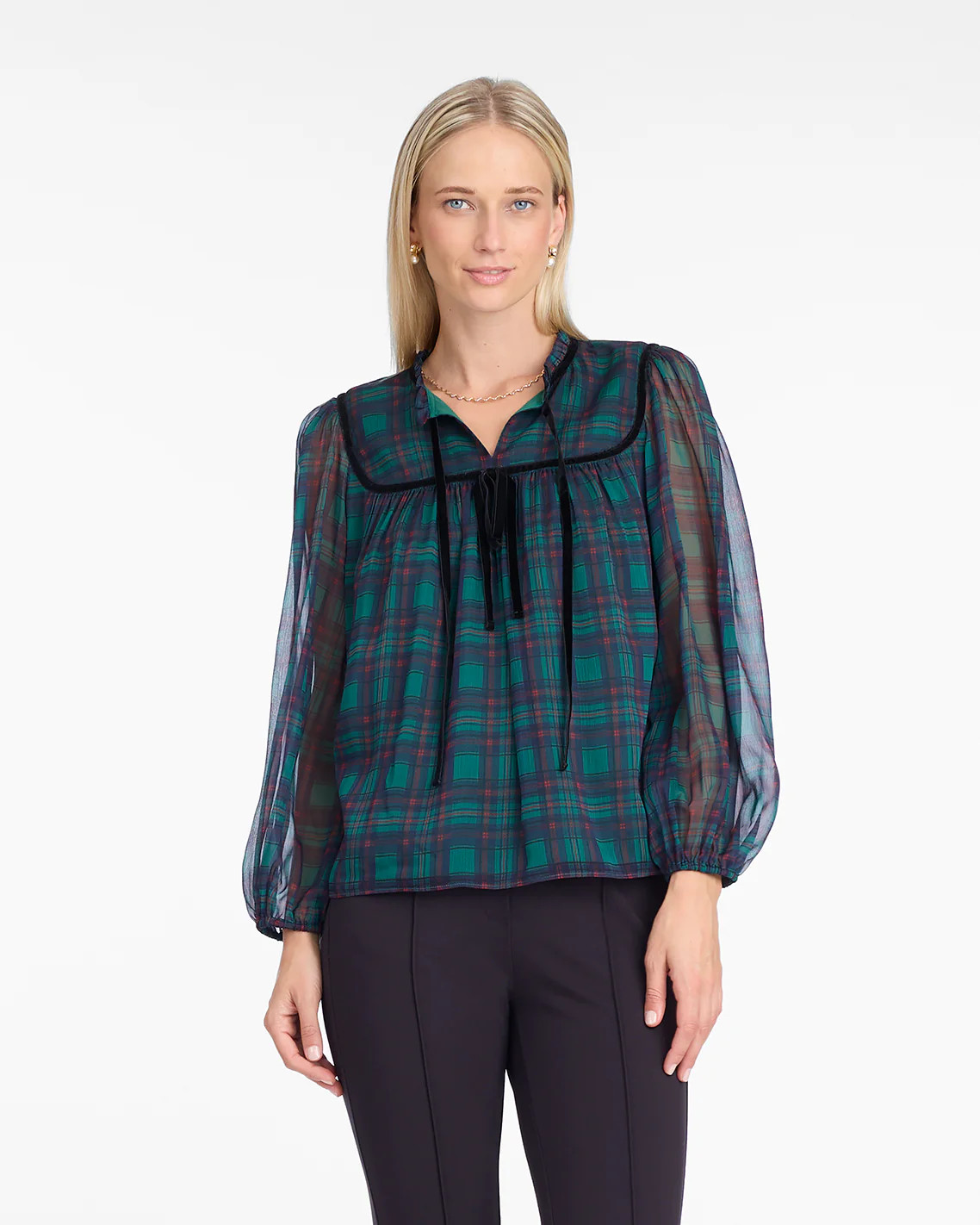 Bow Long-Sleeve Top in Evergreen Tartan | Draper James (US)