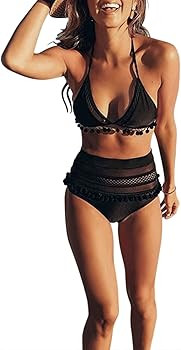 Womens High Waist Two Pieces Bikini Set Striped Tassel Swimsuit | Amazon (US)
