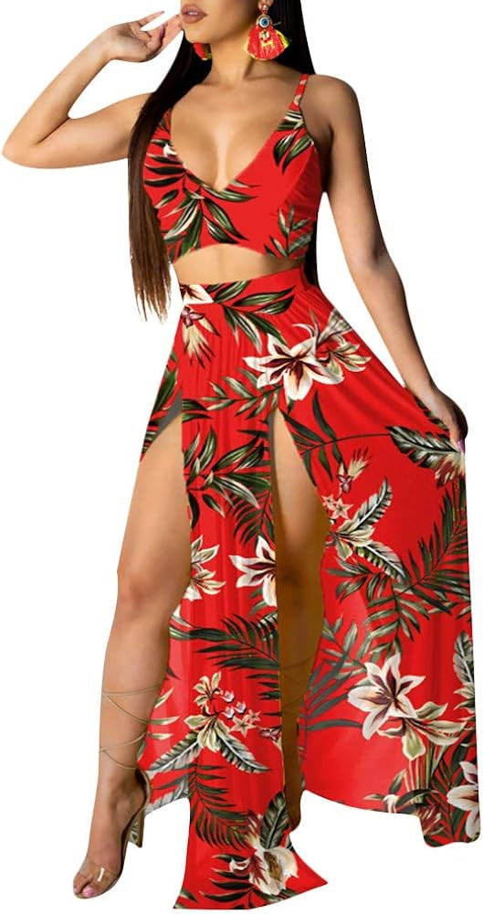 Aro Lora Women's Sexy V Neck Floral Printed Side Slit Two-Piece Maxi Dress | Amazon (US)