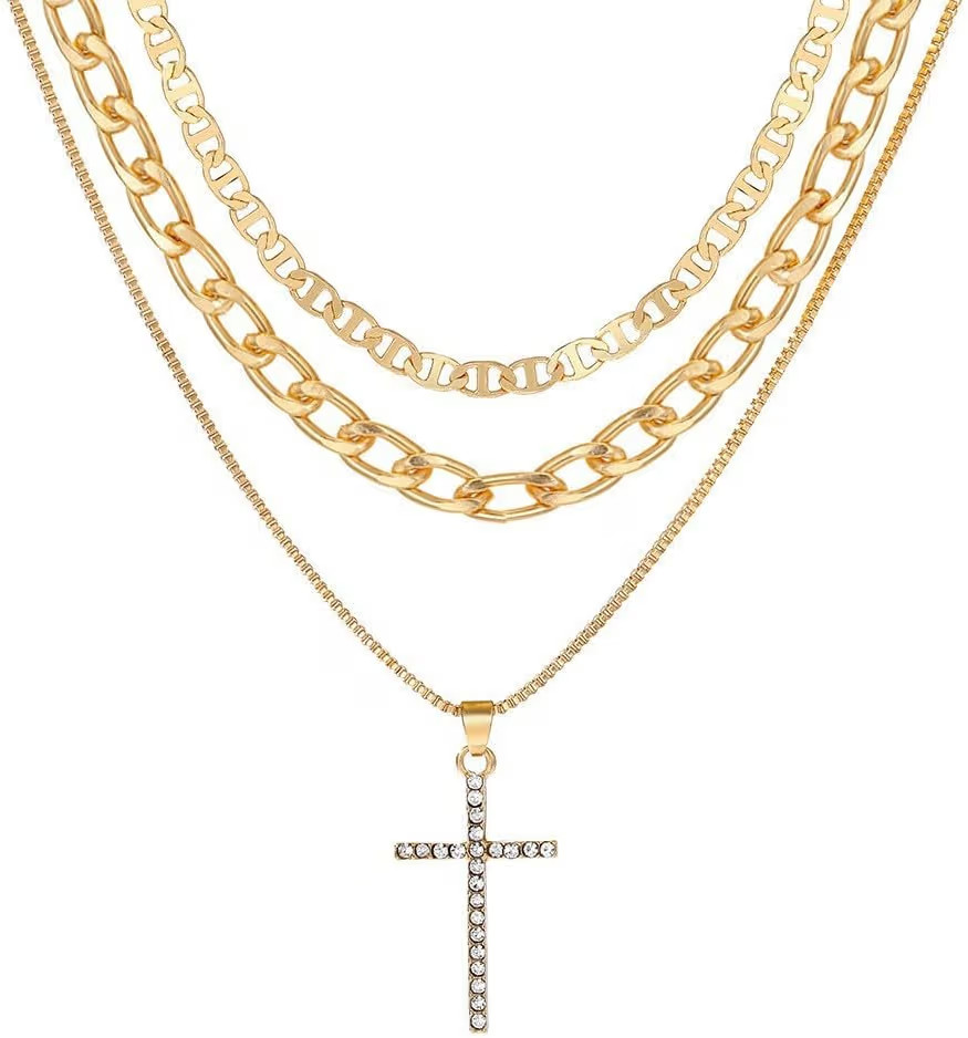 Necklace 14K Gold Plated Three-Layer Sparkling Cross Pendant Elegant Timeless Design Lobster Clas... | Amazon (US)