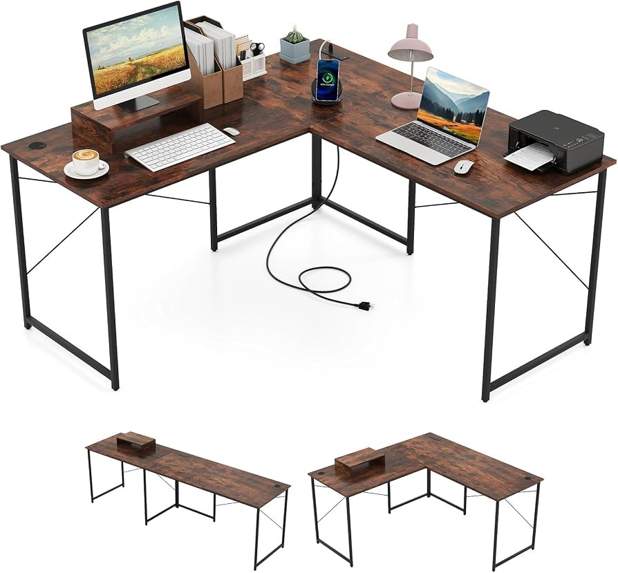 Tangkula L-Shaped Computer Desk with Power Outlets, 95\u201d Long 2-Person Desk with Monitor Shel... | Amazon (US)