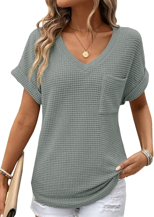 Dokotoo Womens Waffle Knit Tops 2026 Spring Summer V Neck Shirts Casual Trendy Women's Blouses Ba... | Amazon (US)