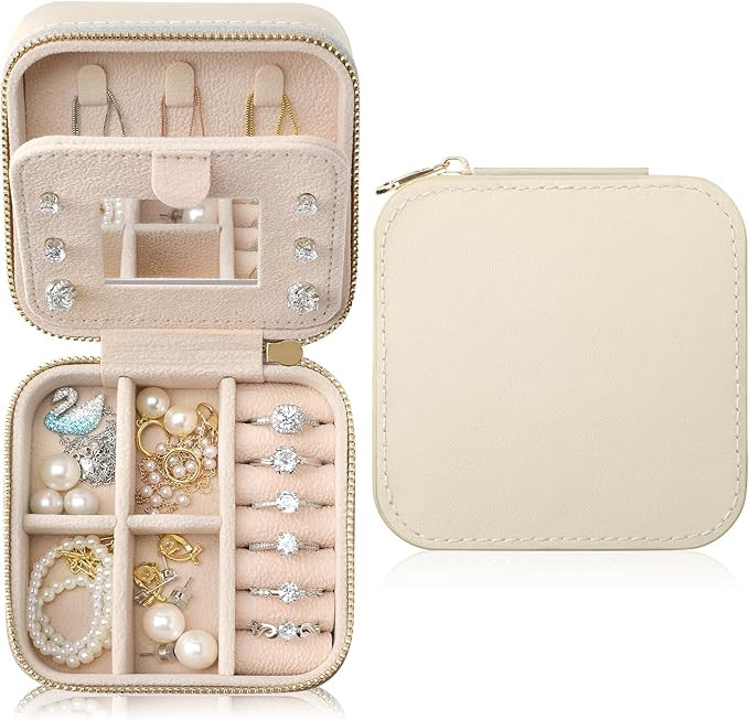Genuine Leather Travel Jewelry Organizer Case with Mirror for Women, Small Mini Portable Jewelry ... | Amazon (US)