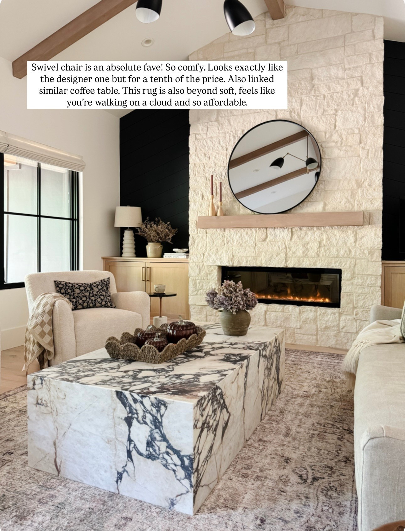 The swivel chair and coffee table Designer look for less are on sale !  This chair is a Studio McGee look-alike but even better because it’s swivels. I got the chenille beige color. It’s so comfy! This coffee table is $$$$ but I have linked a look for less that looks similar, but you get three tables for half  the price I paid for mine. The two chairs I’ve linked are the same. It’s just a cheaper price if you buy two.

marble coffee table, marble end, table, side table vintage rug, white swivel chair, black round mirror Wayfair throw blankets, baskets target fireplacee

#LTKSaleAlert #LTKFindsUnder100 #LTKHome