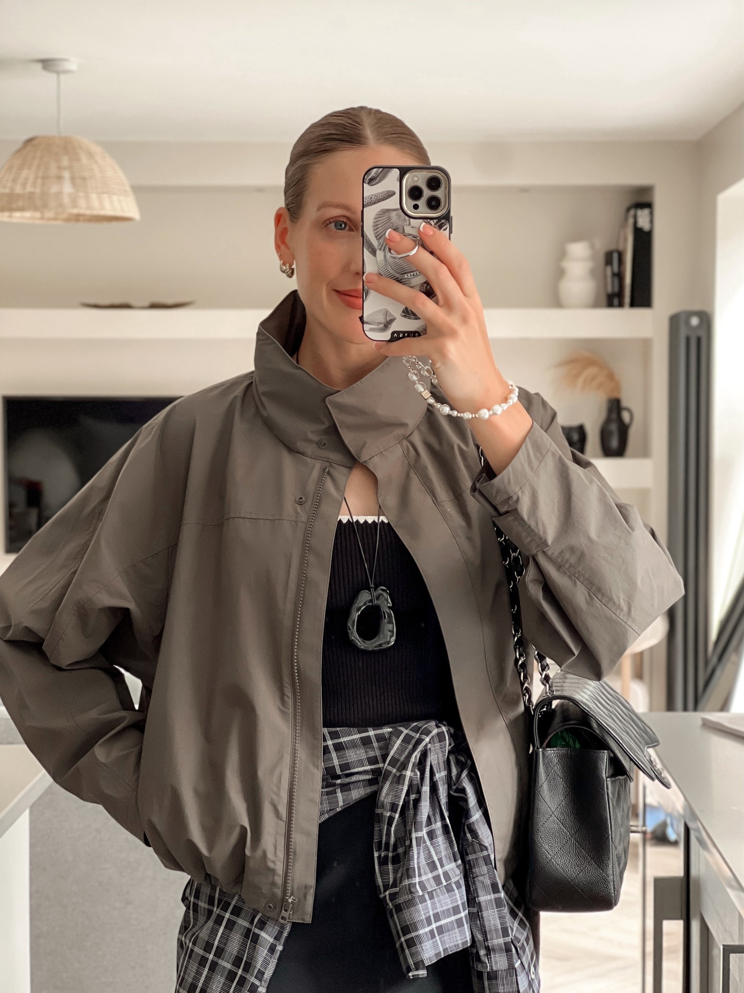 Funnel neck jacket - windbreaker jacket - autumn jacket - sporty coat - Sezane vest top - checked shirt - black column skirt - transitional outfit summer to autumn - minimal chic mum outfit 

#LTKeurope #LTKautumn #LTKsummer