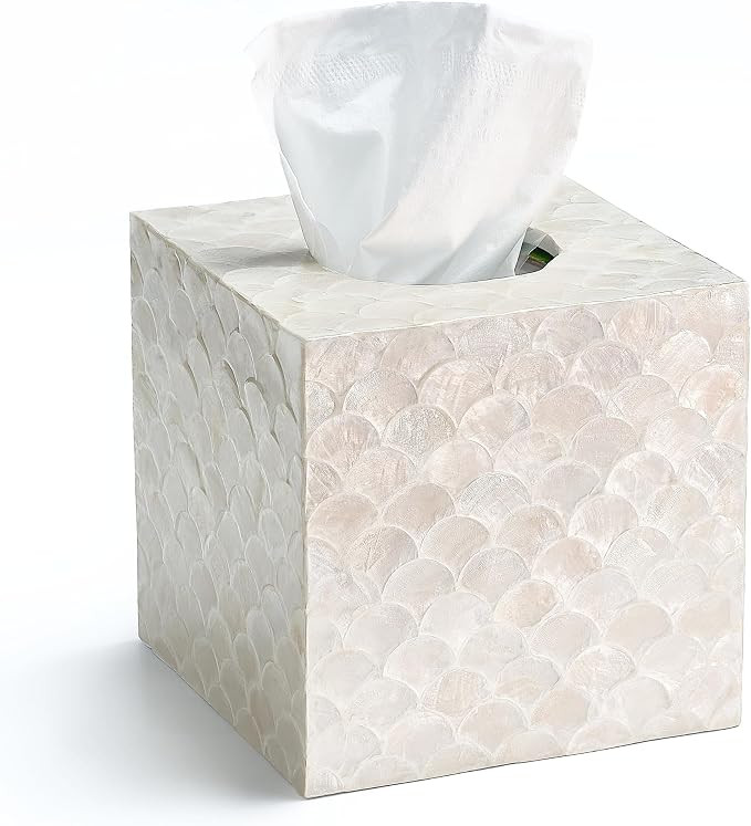5.5" Capiz Square Tissue Box Cover, Coastal Tissue Box Holder | Bottom Slider, Elegant White Capi... | Amazon (US)
