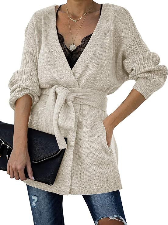 Auburet Womens Wrap Tie Waist Cardigan Sweater Lightweight Oversized Long Sleeve Open Front Knitt... | Amazon (US)