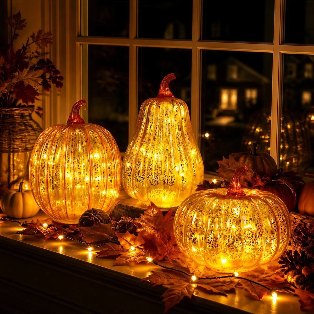 The 3-Pack Glass Lighted Pumpkin Decor Set brings a warm, elegant glow to fall decorating with its assorted pumpkin shapes, golden crackle-glass finish, and LED illumination. Perfect for creating a cozy seasonal display for Halloween, Thanksgiving, fall gatherings, or everyday autumn décor. ON SALE and under $50.

Ideas:

* elegant fall décor
* lighted pumpkins
* autumn home décor
* Thanksgiving decorating
* cozy seasonal styling

Keywords:

* fall décor
* lighted pumpkins
* glass pumpkins
* pumpkin decorations
* LED pumpkin lights
* Halloween décor
* Thanksgiving décor
* autumn decorations
* fall home décor
* harvest décor
* pumpkin home décor
* fall table décor
* seasonal decorations
* cozy home décor
* holiday decorations

#LTKSaleAlert #LTKHome #LTKSeasonal