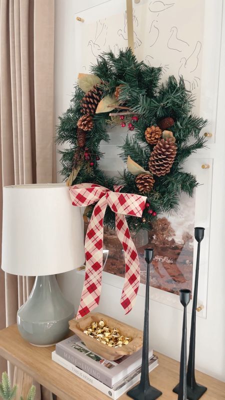 Classic Christmas decor, christmas living room, christmas table decor, console table styling, pinecone and berry wreath, tabletop christmas tree in basket, grey beige amazon curtains

#LTKhome #LTKHoliday #LTKunder100