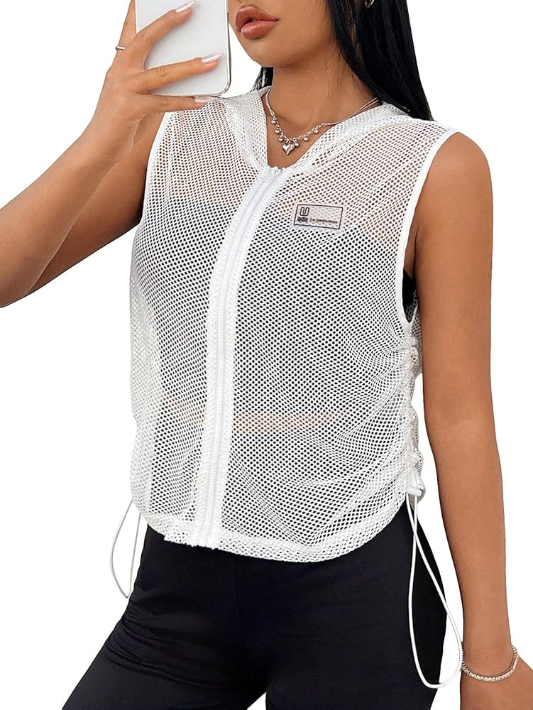 SweatyRocks Women's Fishnet Mesh Hooded Sports Tank Top Zip Up Workout Cover up Top | Amazon (US)