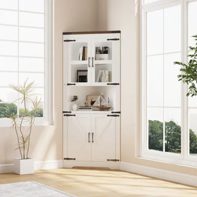 Space-Saving Tall Corner Storage Cabinet – Farmhouse Barn Door Hutch with Doors & Adjustable Shelves – Freestanding Entryway Organizer for Kitchen, Ba | Wayfair North America