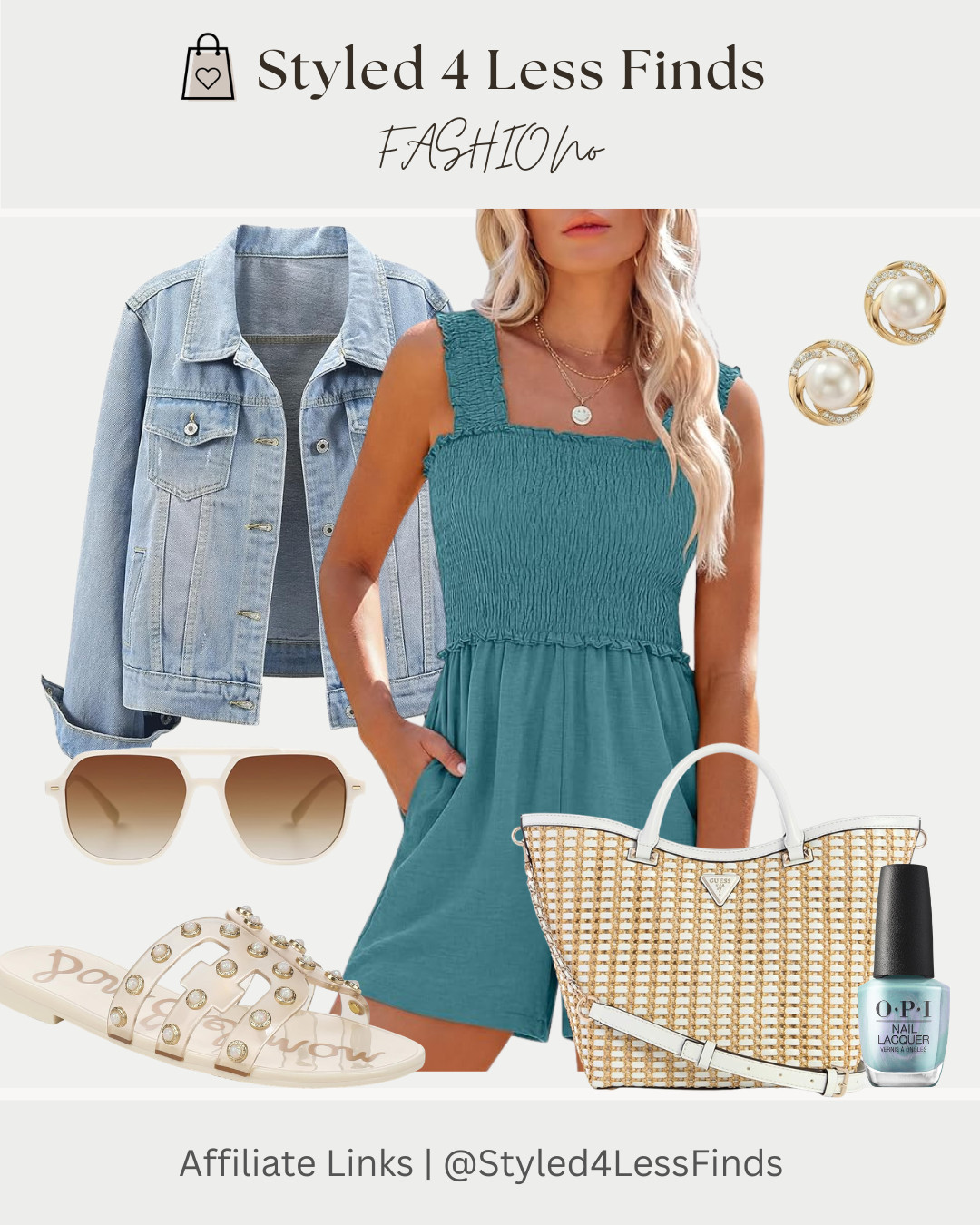 ☀️ Easy Summer Style, Elevated

This teal smocked romper is one of those effortless pieces that does all the work for you. Paired with a light wash denim jacket, woven tote, pearl accents, and chic slides, it’s the perfect look for everything from brunch to vacation days.

✨ Style Tip:
When wearing a statement color like teal, keep your accessories in neutral tones (white, raffia, gold, and pearl) to create a polished, expensive-looking outfit without overwhelming the look.

This outfit is comfortable, flattering, and easy to mix and match all season long! 

 #LTKcanada #LTKsummer #LTKstyletip