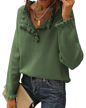 BTFBM Women's Sweaters Casual Long Sleeve Button Down Crew Neck Ruffle Knit Pullover Sweater Tops... | Amazon (US)