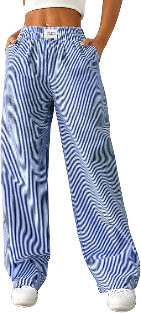 LOMON Women's Striped Gingham Boxer Pants Cotton Pajama Lounge Pj Casual Plaid Trousers Y2K Beach... | Amazon (US)