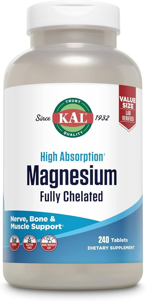 KAL Magnesium Glycinate Tablets, Fully Chelated, High Absorption Formula with Magnesium Bisglycin... | Amazon (US)