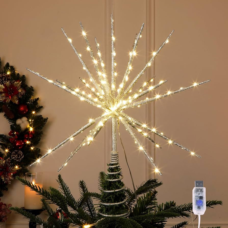 HMASYO 15 Inch Twinkling Starburst Christmas Tree Star Topper, 19-Point Silver Star Tree Topper w... | Amazon (US)