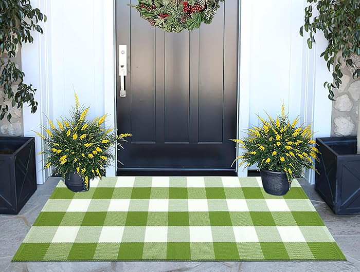 Buffalo Plaid Outdoor Rug 24''x51''Green and White Checkered Front Porch Rug Cotton Woven Washabl... | Amazon (US)