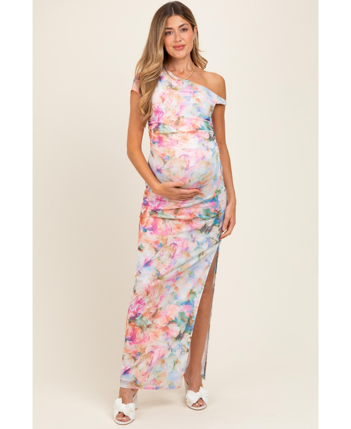 Pinkblush Floral One Shoulder Side Slit Maternity Maxi Dress - Pink | Macy's