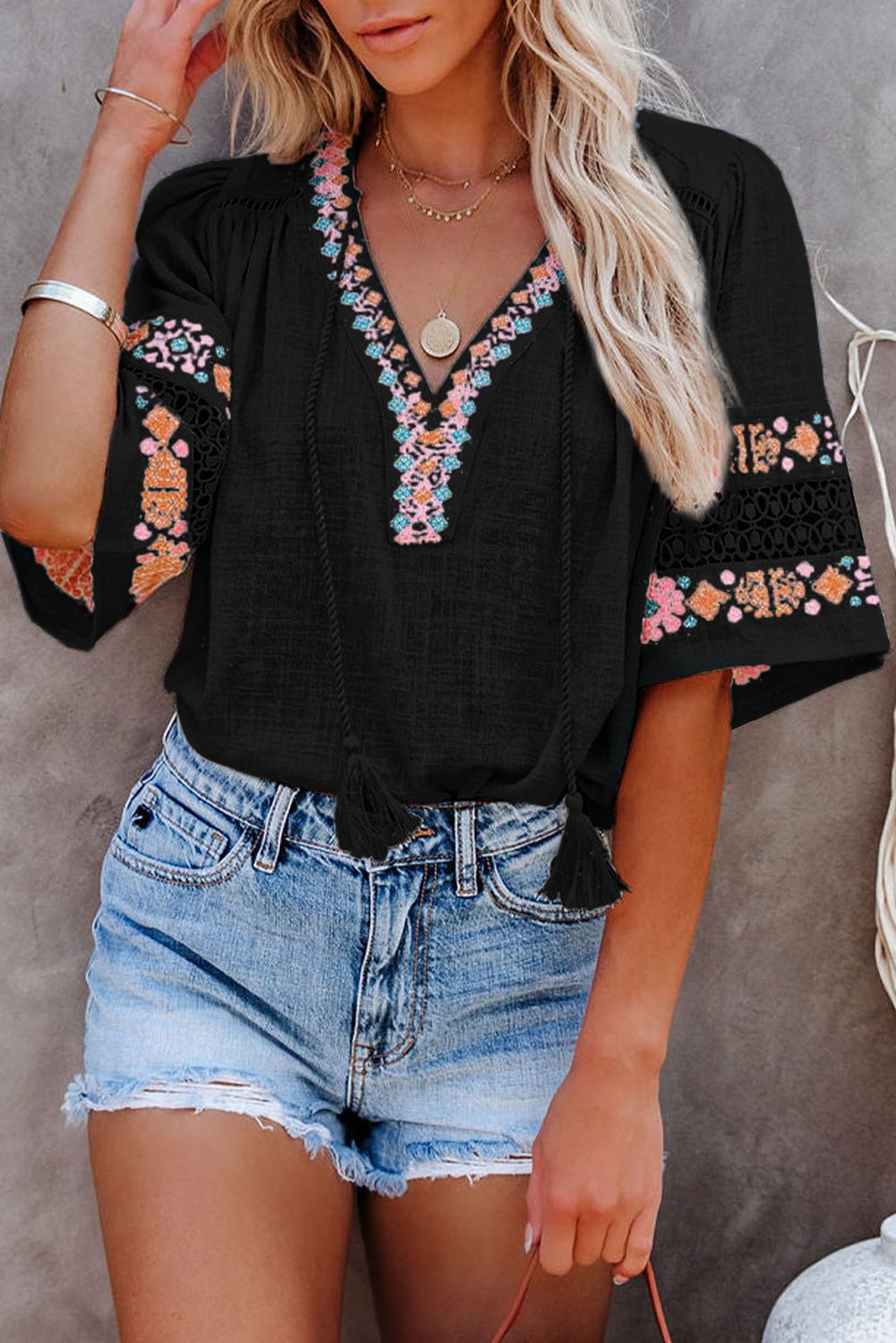 Black Boho Tassel Drawstring Cut Out Embroidered Blouse | Shewin
