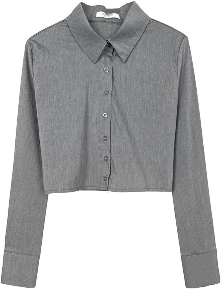 DGHM-JLMY Women's Caual Button Down Crop Blouse Long Sleeve Turn-Down Collar Crop Shirt Solid Sli... | Amazon (US)