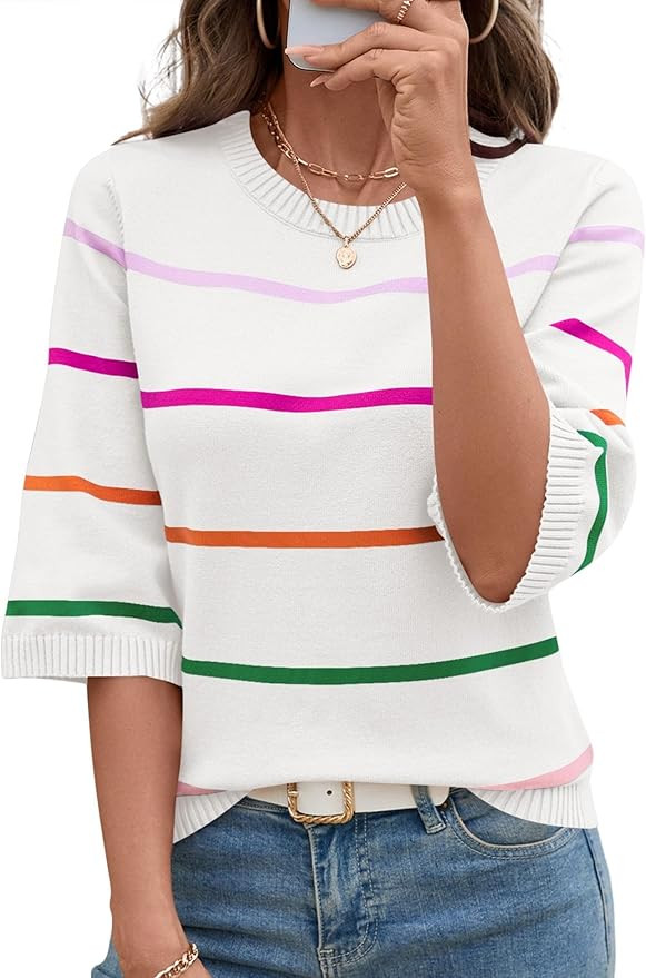 LOMON Womens Sweaters Casual Fall 2025 Crew Neck Striped 3/4 Sleeve Lightweight Knit Trendy Pullo... | Amazon (US)
