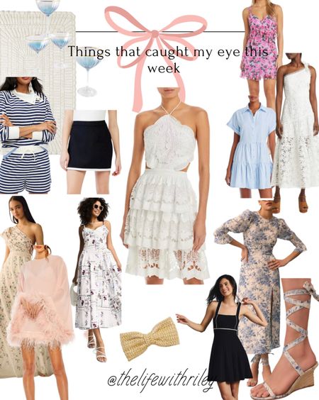 Things that caught my eye this week 

Lots of pretty things for summer, some home decor, and even a few wedding guest dress options 

🤍 white lace dress 
🏡 white area rug
🍷 pretty blue wine glasses for entertaining 
⛵️nautical blue and white stripe set 
🖤black and white Meredith Blake vibes skort 
🌸 floral formal dress 
💕 pink feather dress 
👗 patchwork floral sundress
🎀 bow hair clip 
💐 ruffle floral mini dress 
⚪️ white one shoulder dress 
💙 blue shirt dress 
🔹 blue and white toile dress 
👡 blue and white toile sandals 
✔️ black square neck sundress 

#LTKFind #LTKSeasonal #LTKshoecrush