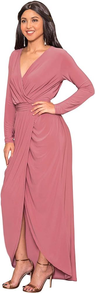 KOH KOH Womens Long Sleeve Formal Wrap Draped Cocktail V-Neck Gown Maxi Dress | Amazon (US)