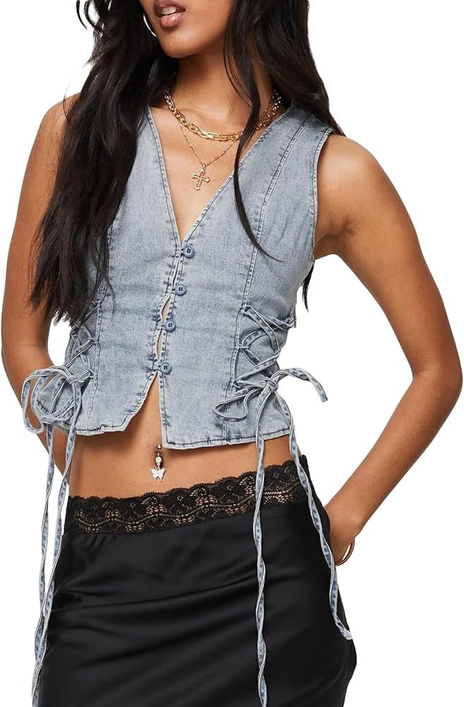 Women's Slim Tank Tops Y2k Jean Vest Top Plain Front Button Denim Vest Side Cross Tie-Up Sleevele... | Amazon (US)