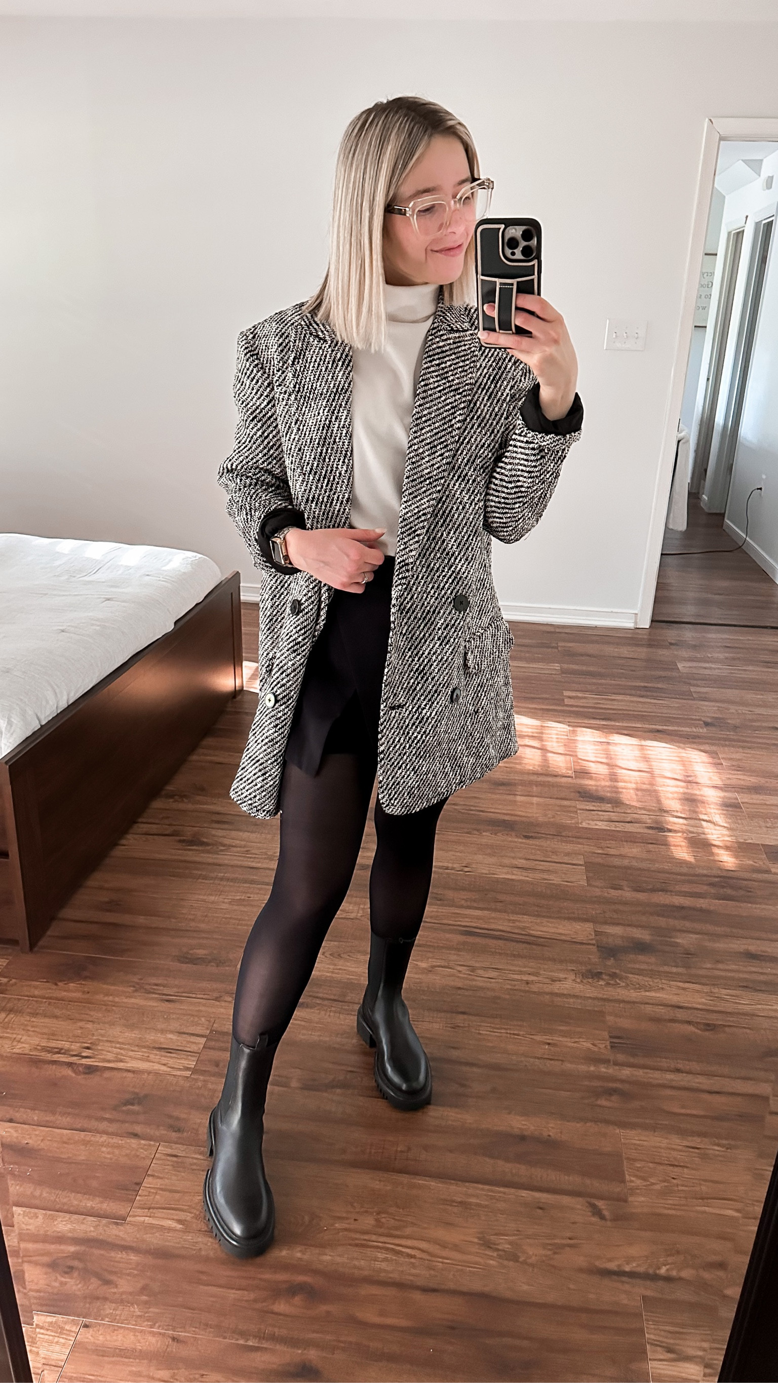 Express Tweed Double Breasted Coat - I sized up to small and should’ve stuck with my true XS 

Target A New Day Women's Long Sleeve Mock Turtleneck T-Shirt Small TTS & so cozy

Asymmetrical skort 

Sheer tights 

 AllSaints Hallie Lug Boot TTS

#LTKstyletip #LTKworkwear #LTKshoecrush
