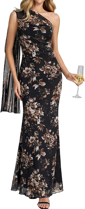 One Shoulder Formal Wedding Guest Fall Long Dresses for Women | Cocktail Evening Party Prom Bride... | Amazon (US)