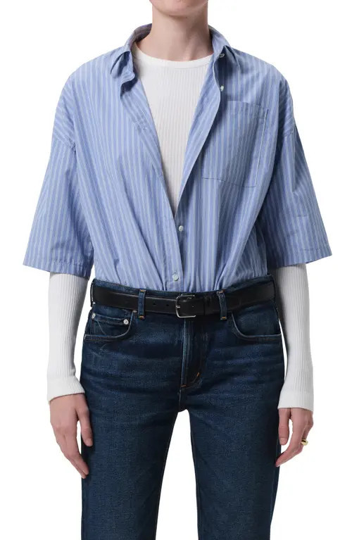 Citizens of Humanity Frances Cape Crop Cotton Button-Up Shirt in Kindered Stripe at Nordstrom, Size Medium | Nordstrom