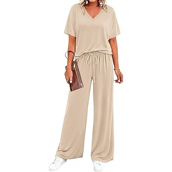 BTFBM 2 Piece Sets for Women Summer V Neck Short Sleeve Lounge Set Wide Leg Pants Matching Set Ai... | Amazon (US)