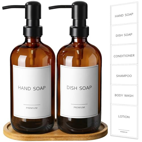 GMISUN Amber Glass Soap Dispenser, 2 Pack Bathroom Hand Soap Dispensers with Bamboo Tray, 17 Fl Oz Kitchen Hand and Dish Soap Dispenser Set, Modern Vintage Liquid Brown Soap Dispensers Bottle | Amazon (US)