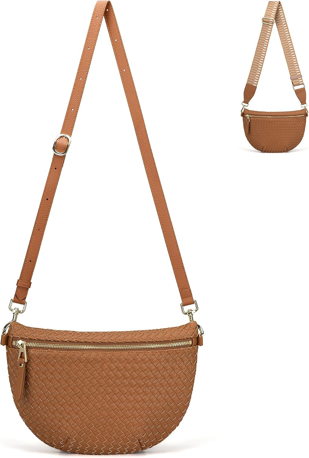 Woven Leather Corssbody Bags for Women Medium Checkered Fanny Pack Bum Bags Trendy Adjustable Strap Shoulder Belt Bag for Travel, Work Brown | Amazon (US)