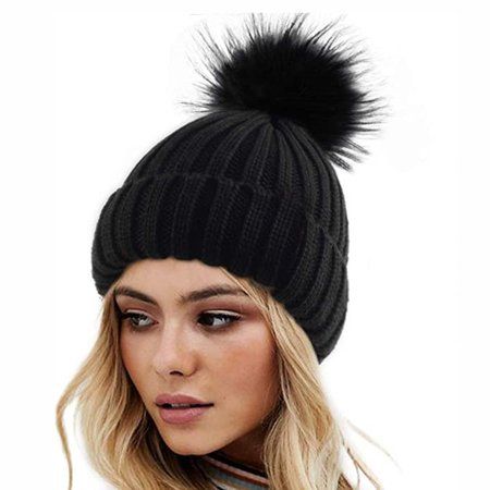 Womens Winter Knitted Beanie Hat with Faux Fur Pom Warm Knit Skull Cap Beanie for Women-black | Walmart (US)