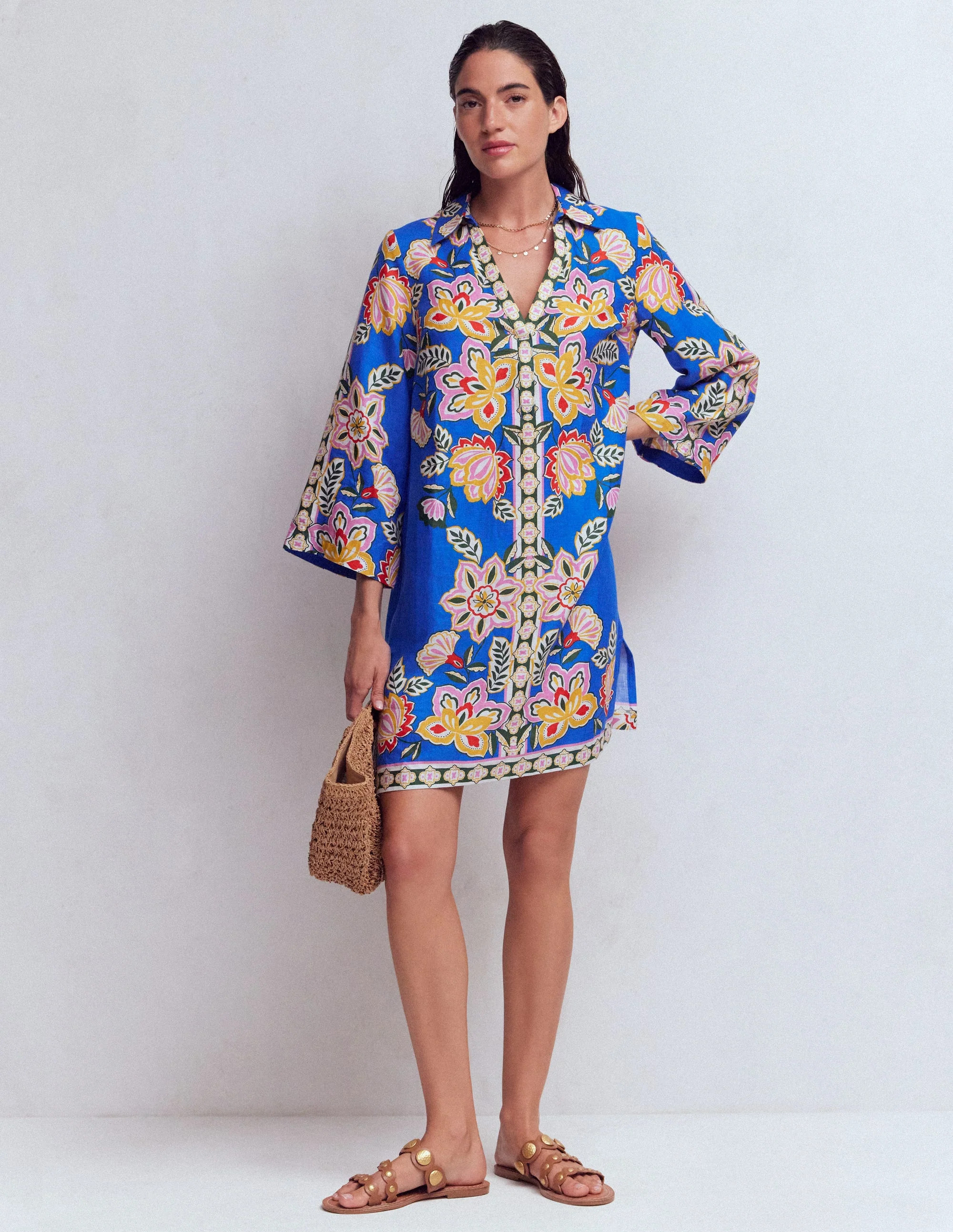 Boden Women's Carmen Linen Short Dress in Blue | Size 4 | Boden (US)