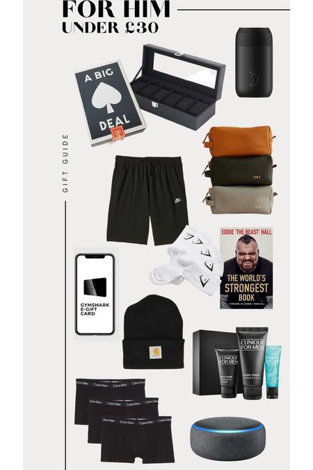 Christmas 2022 gift guide for him under £30 - whether he loves gymshark and wants a gift card, a personalised wash bag or box to store his watches or needs some new Calvin Klein boxers or sports socks. The gift guide for every man! 

#LTKSeasonal #LTKHoliday #LTKCyberweek