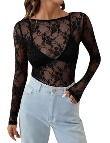 KTILG Lace Sleeve Tops for Women Mesh Shirt Country Concert Outfits See Through Top Y2k Going Out Tops T-Shirt Black Star Floral XXL | Amazon (US)