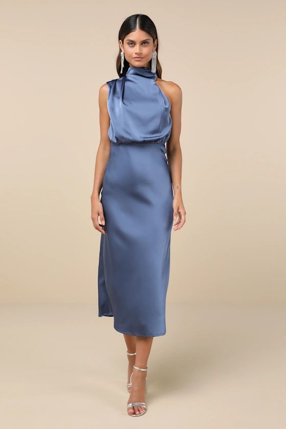 Distinctive Charm Slate Blue Satin Asymmetrical Midi Dress | Lulus