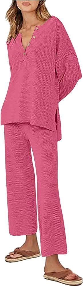 HICItro Women Knitted Sweatshirt Outfits High Neck Pullover Sweater High Waisted Wide Leg Pant Se... | Amazon (US)